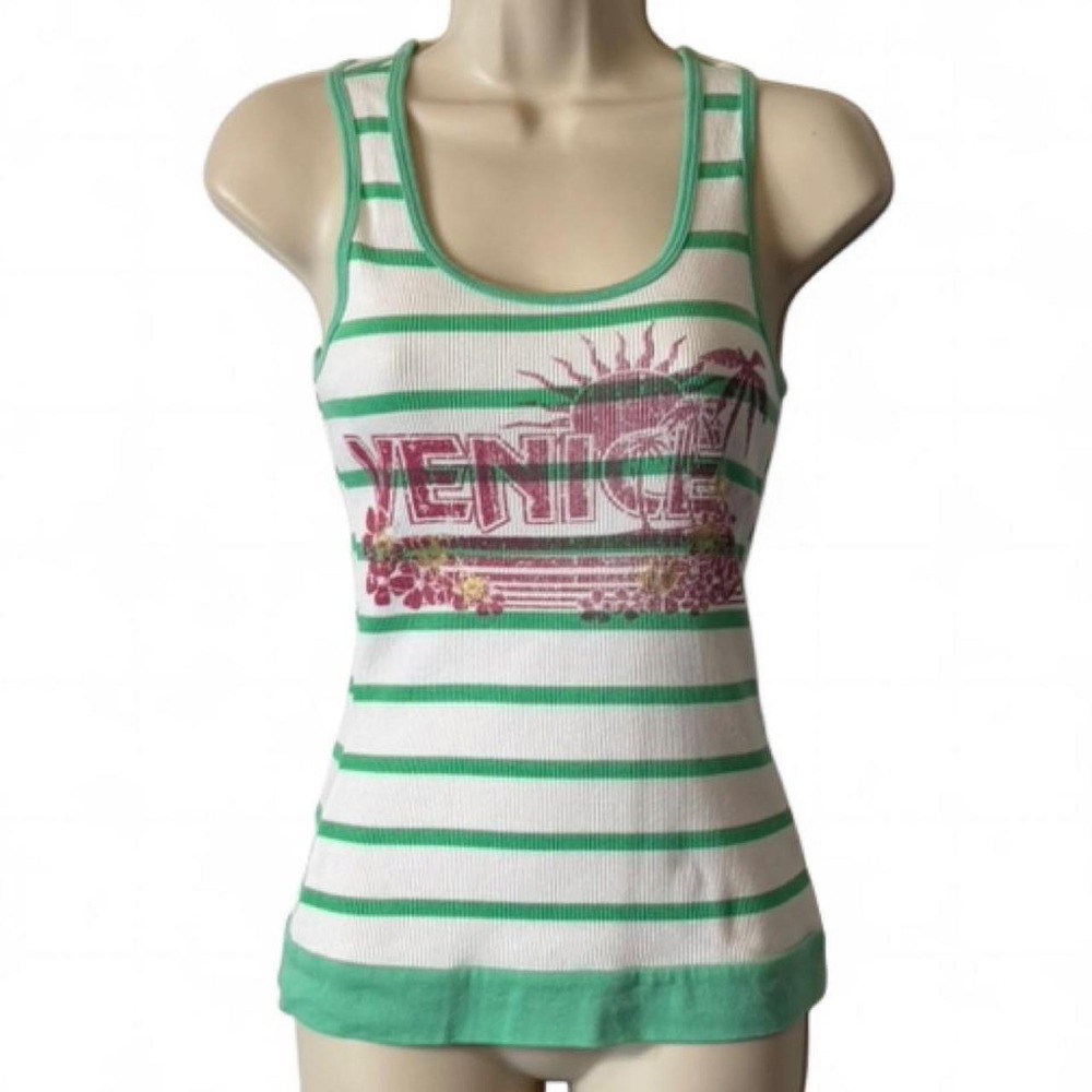 Y2K Green & White Striped Venice Graphic Print Tank Top, Women's Size S